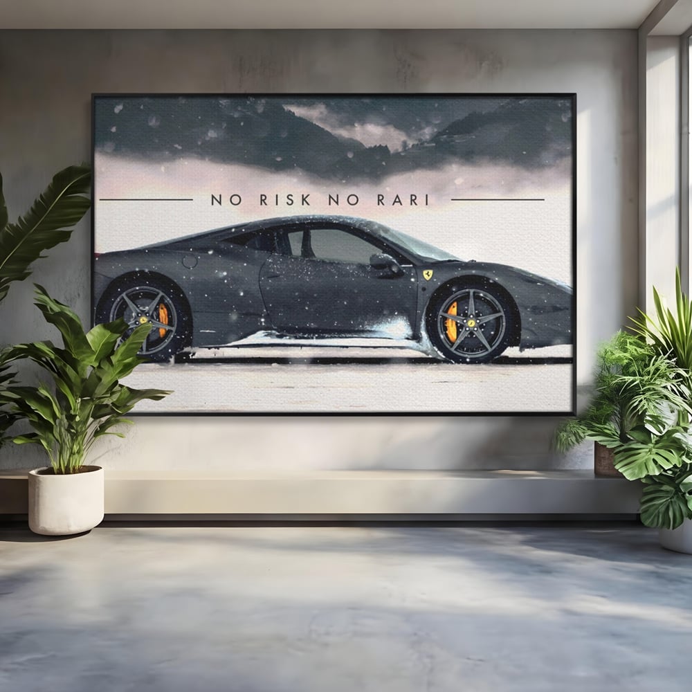 Tablou canvas cu tablou canvas cu masina ferrari pe zapada, in rama de aluminiu negru
